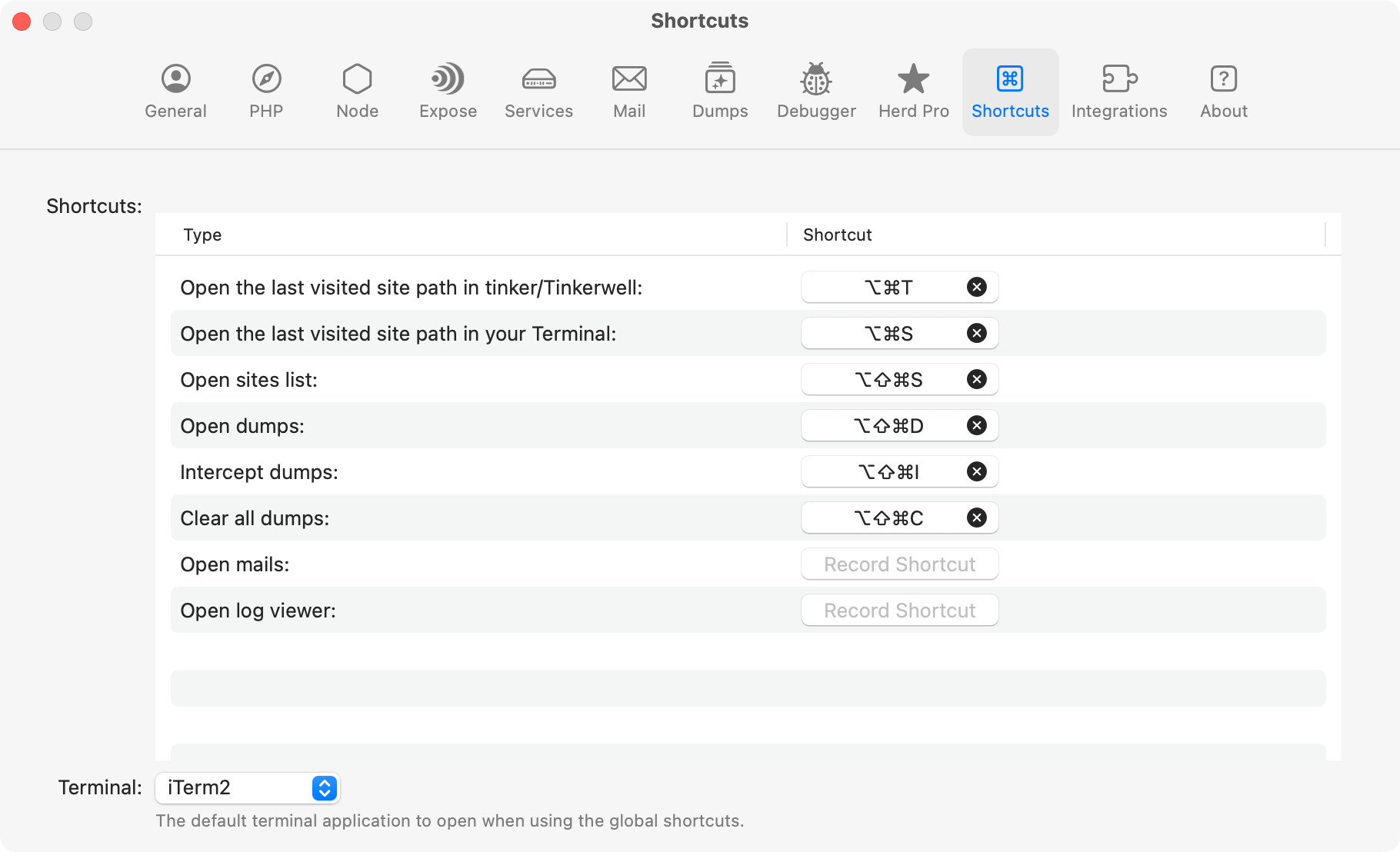 Screenshot of shortcut settings