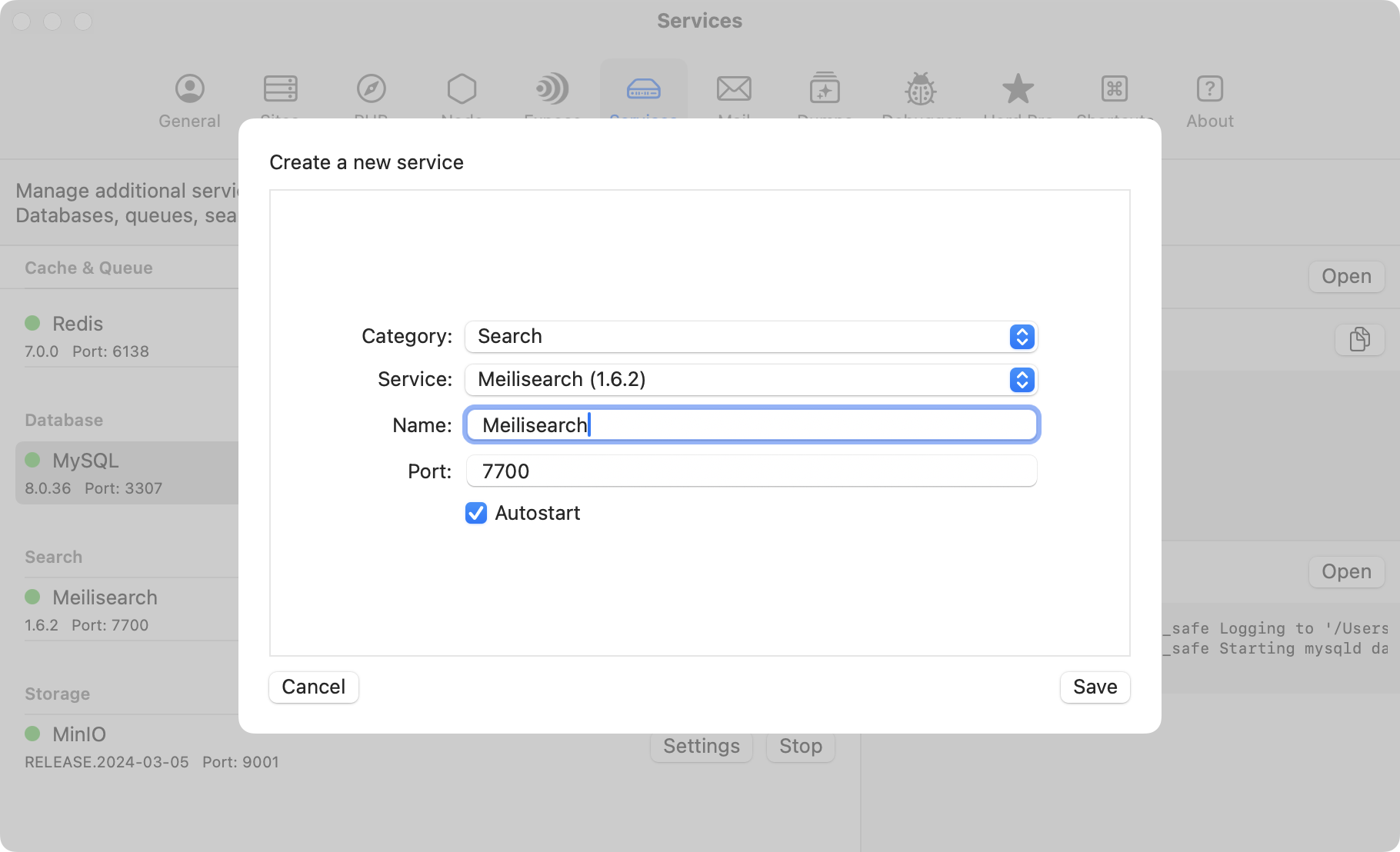 Screenshot of Meilisearch settings