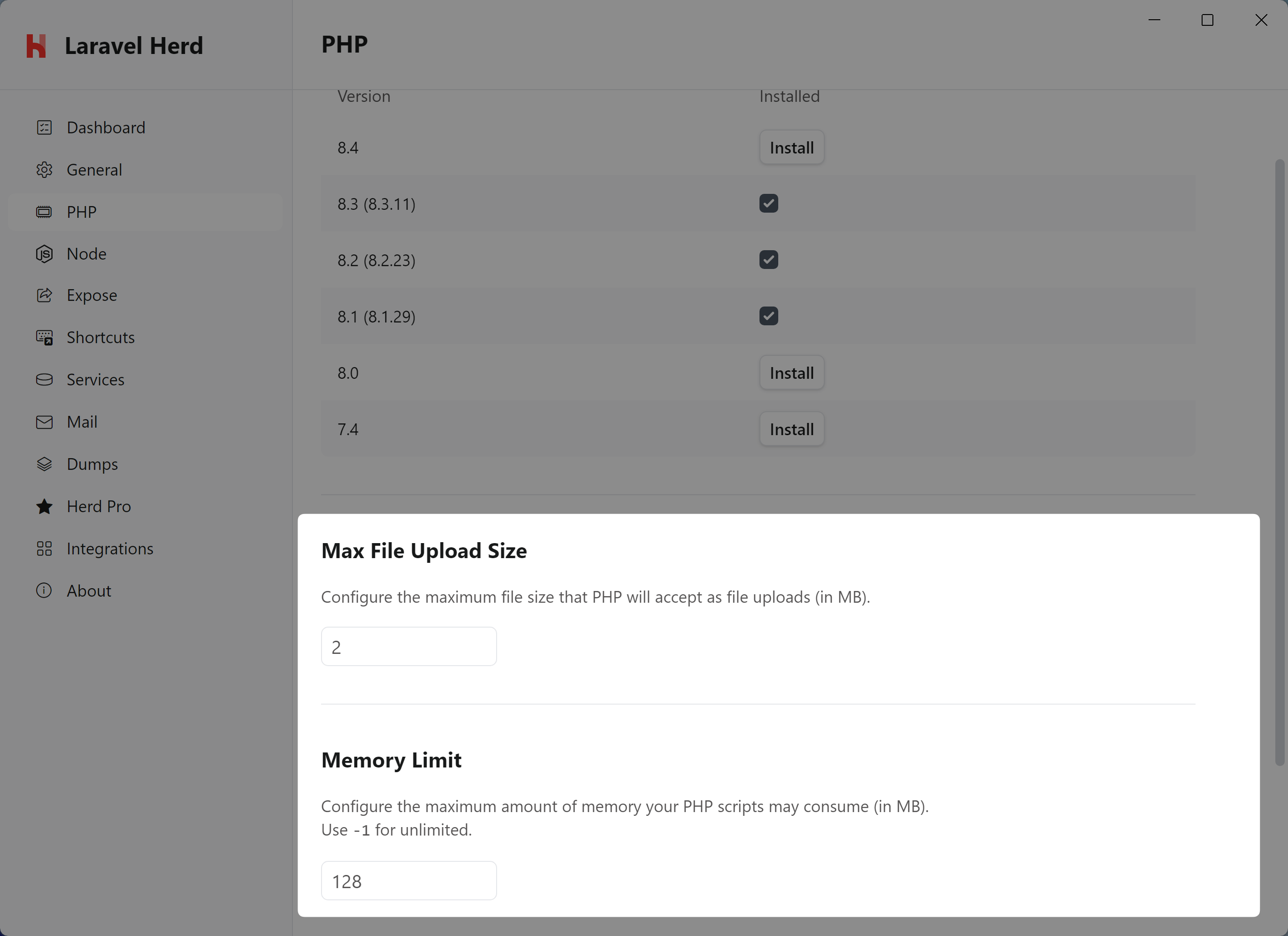 Screenshot of settings