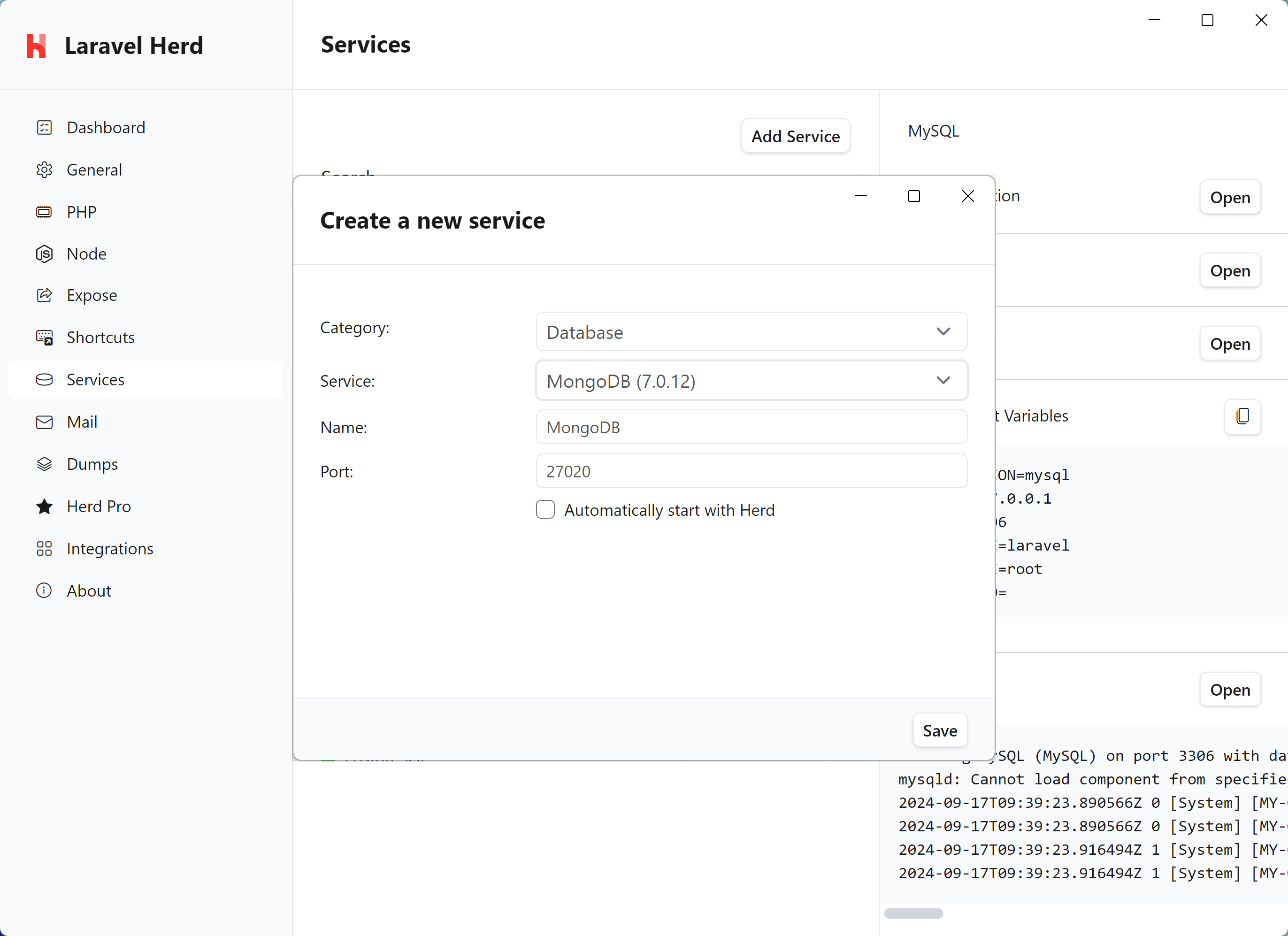 Screenshot of MongoDB settings