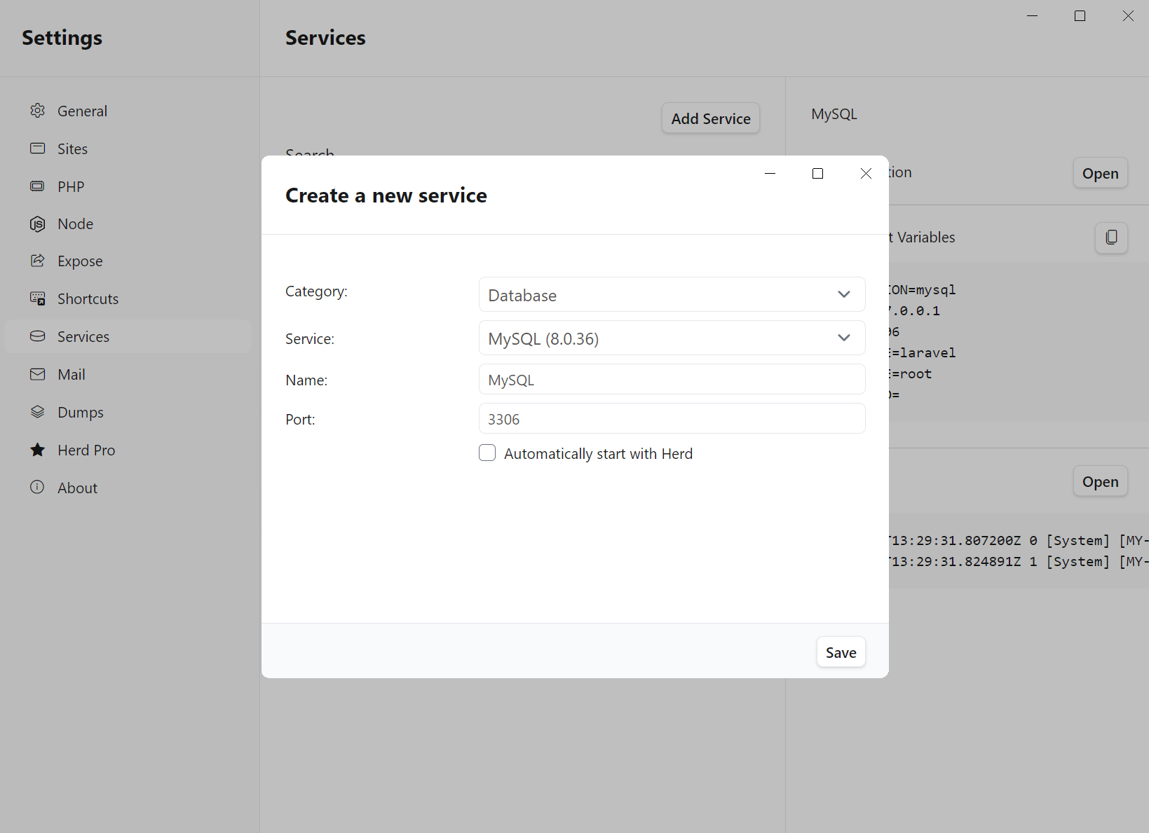 Screenshot of MySQL settings
