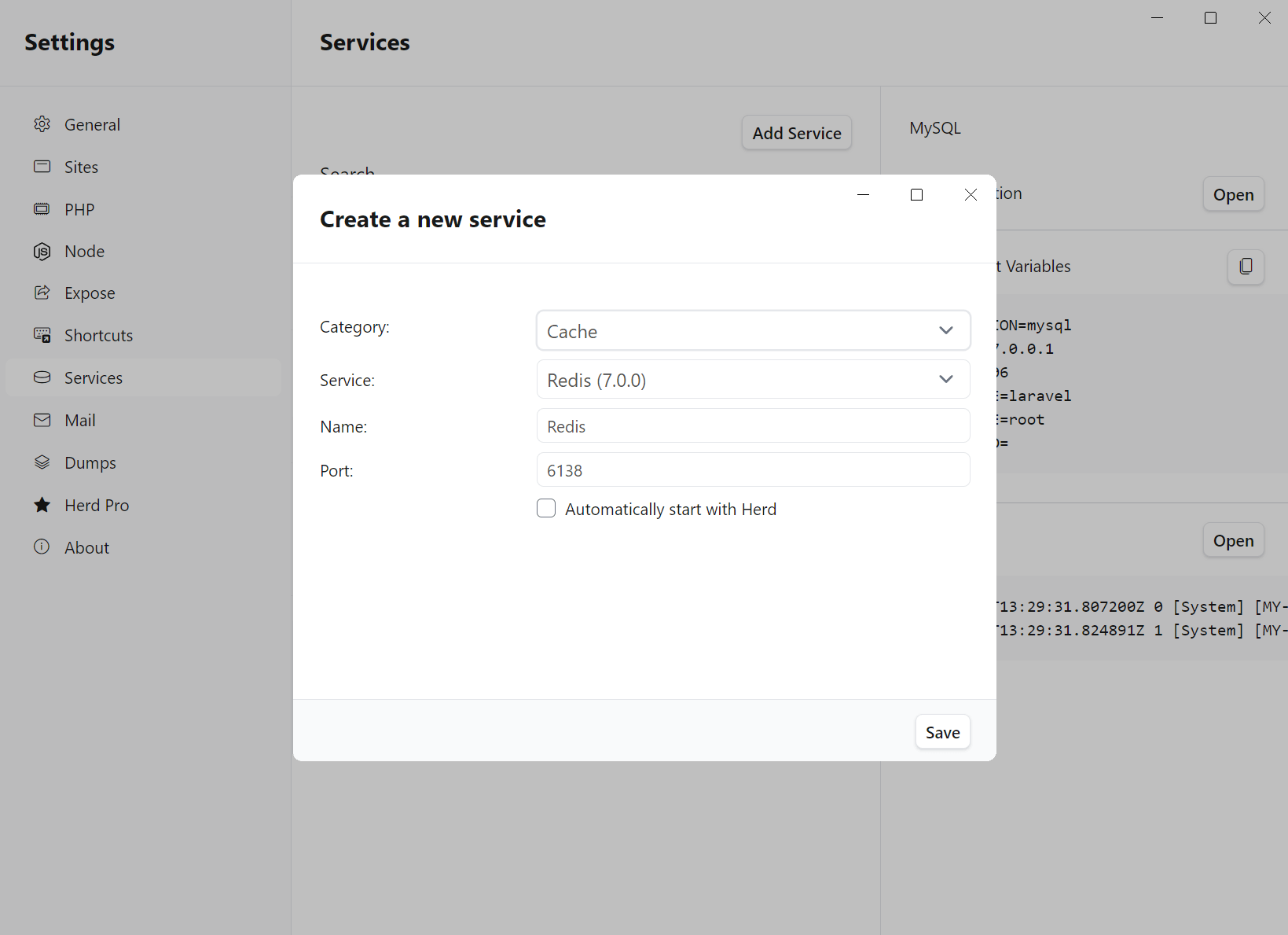 Screenshot of MySQL settings