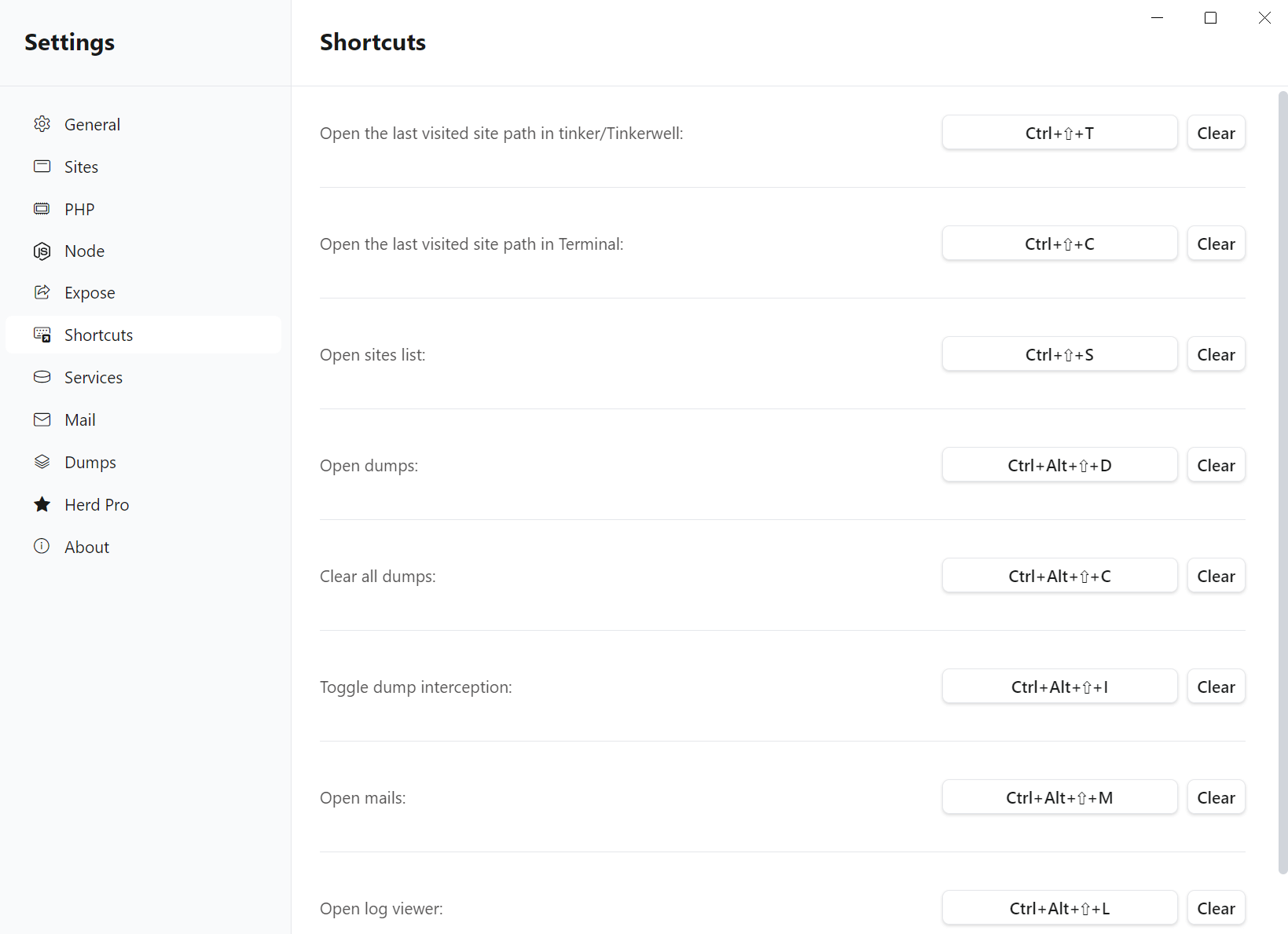 Screenshot of shortcut settings